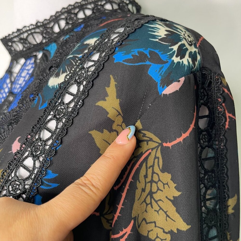 Self Portrait Women's Blue Black Long Sleeve Lace Floral Midi Dress Size 10 - Picture 8 of 12
